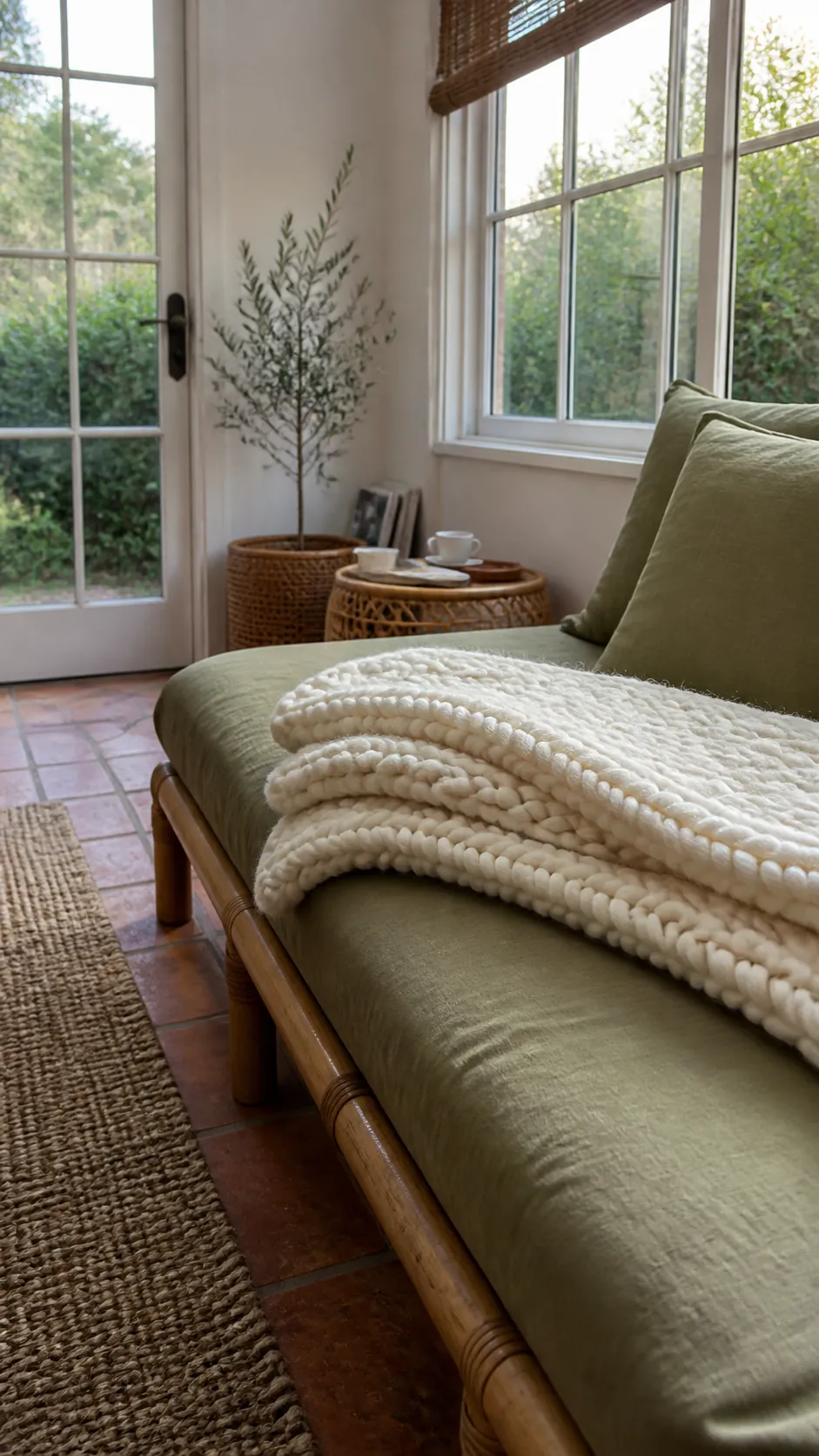 Chunky knit blanket contrasting with smooth linen upholstery