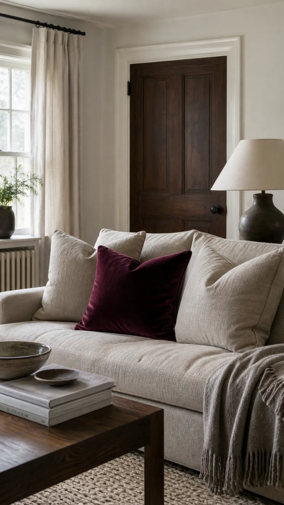 Single velvet cushion adding depth among matte neutral textiles