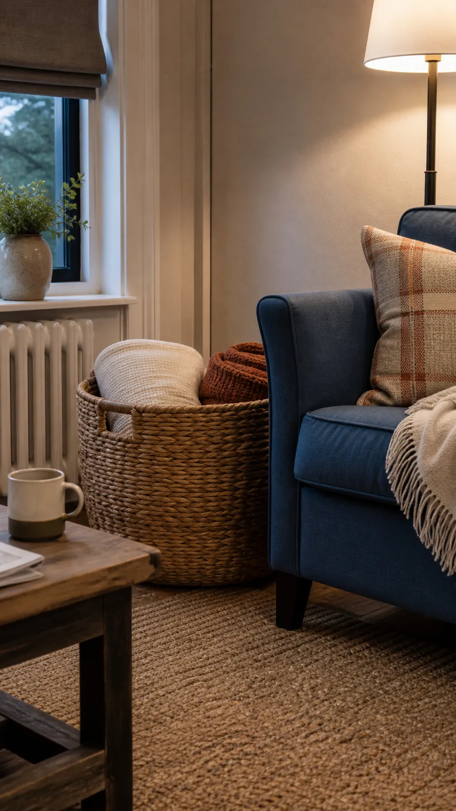 Woven basket neatly storing soft blankets beside seating