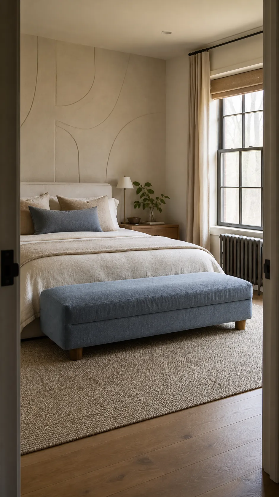 Upholstered bench adding a soft horizontal line at a bed