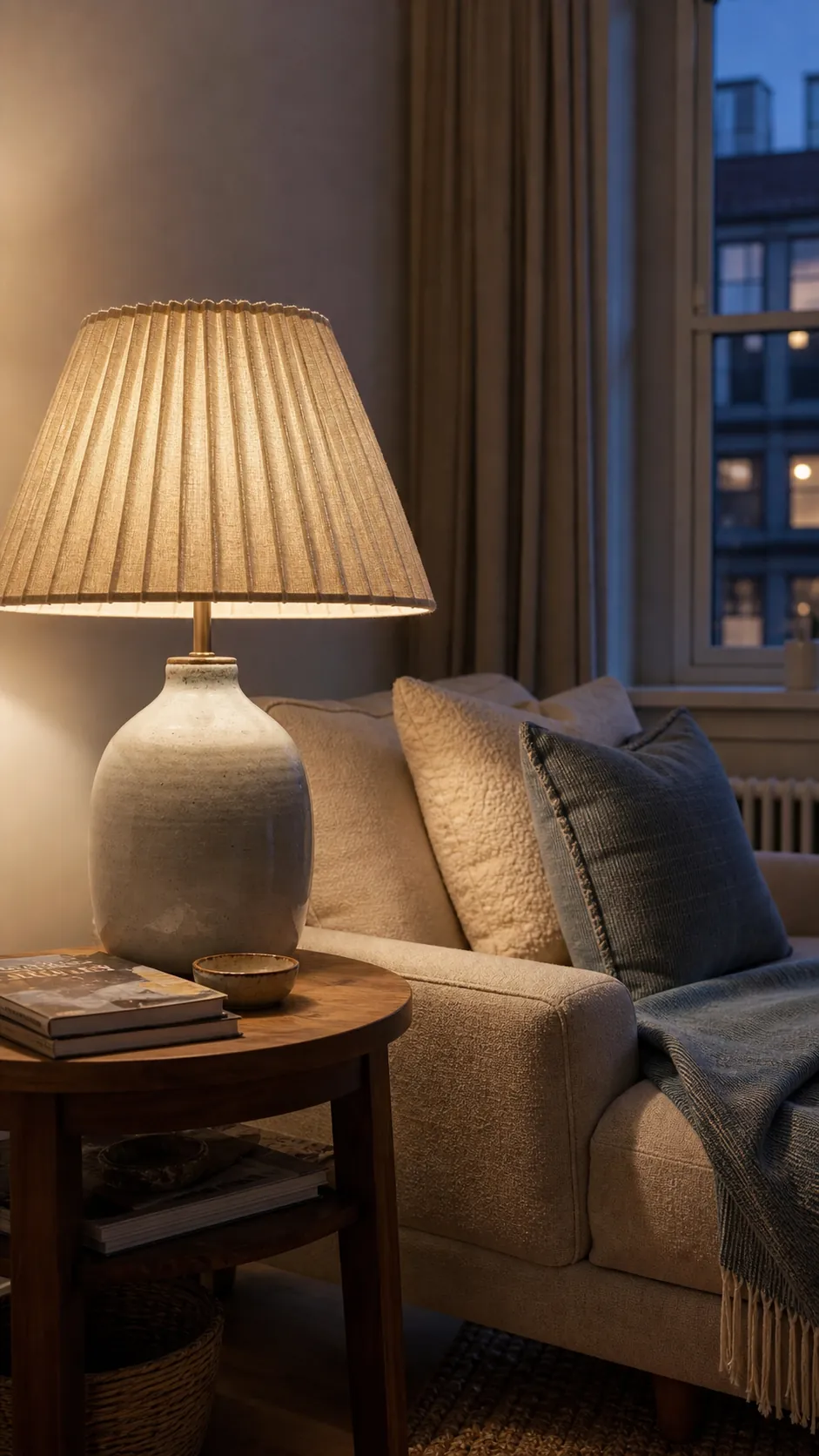 Fabric lampshade creating a soft pool of evening light