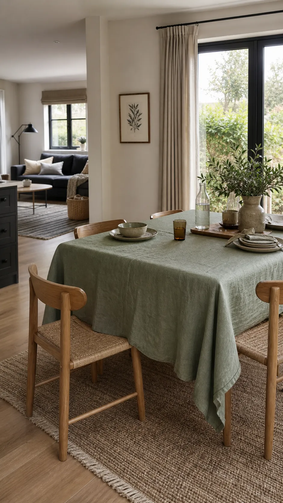 Linen tablecloth softening a hard-edged dining area