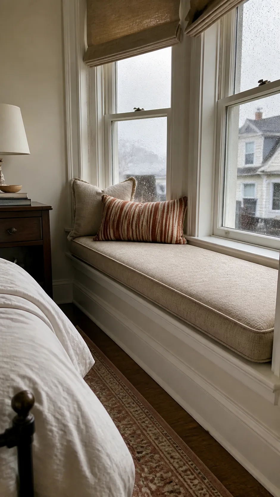 Fitted cushion and lumbar pillow softening a window seat