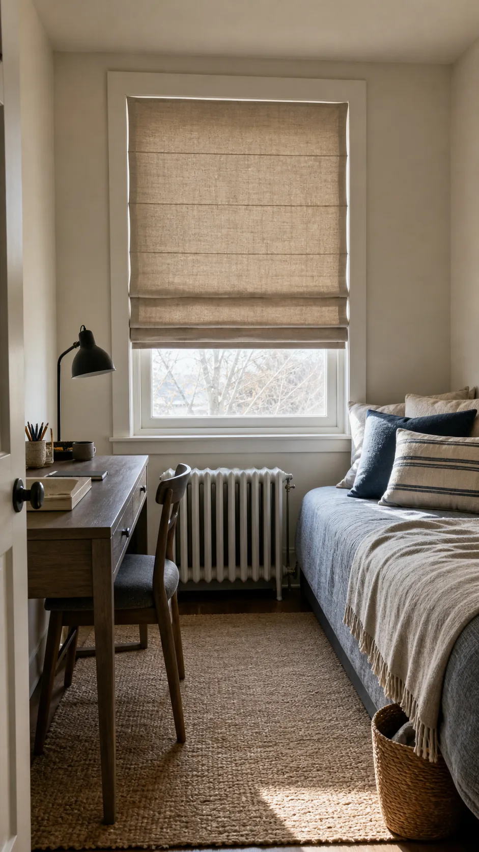 Tailored Roman shade above a radiator and compact desk