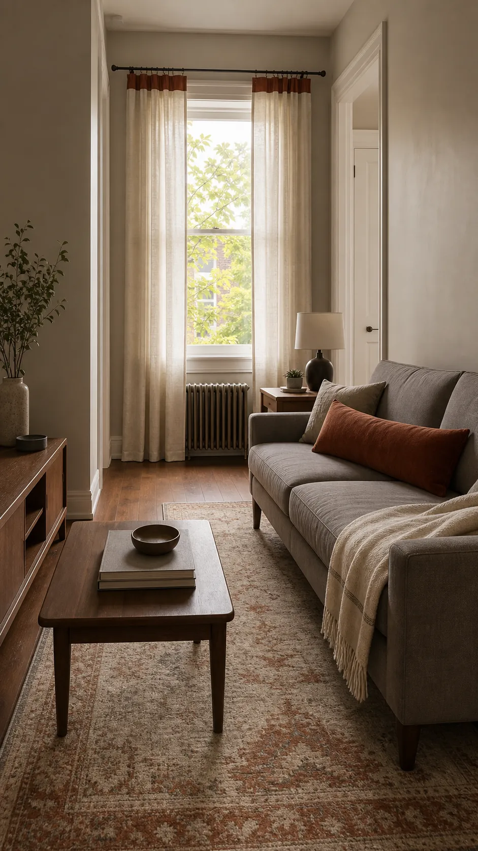 Rust accent repeated through rug pillow and curtain detail