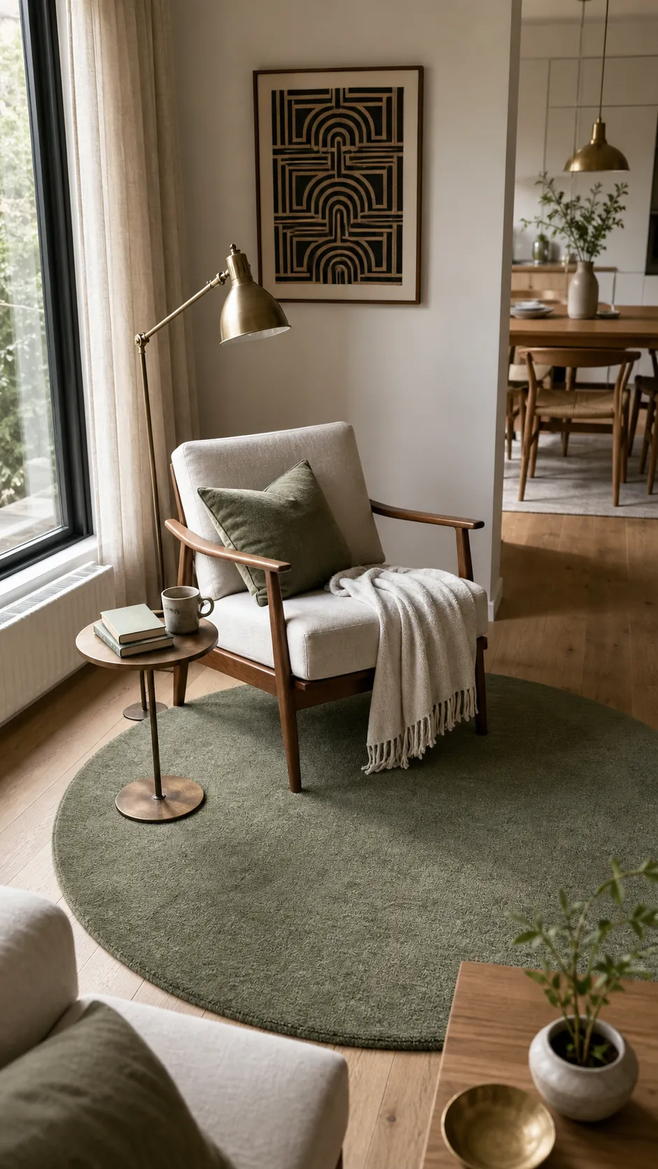 Small rug defining a reading zone within an open room