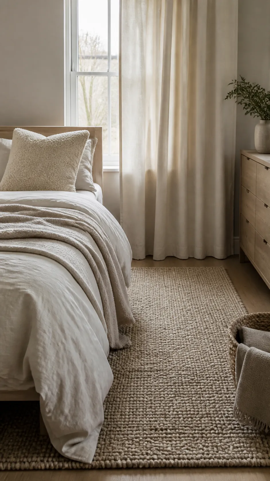 Smooth cotton curtains balanced with nubby rug and boucle pillow