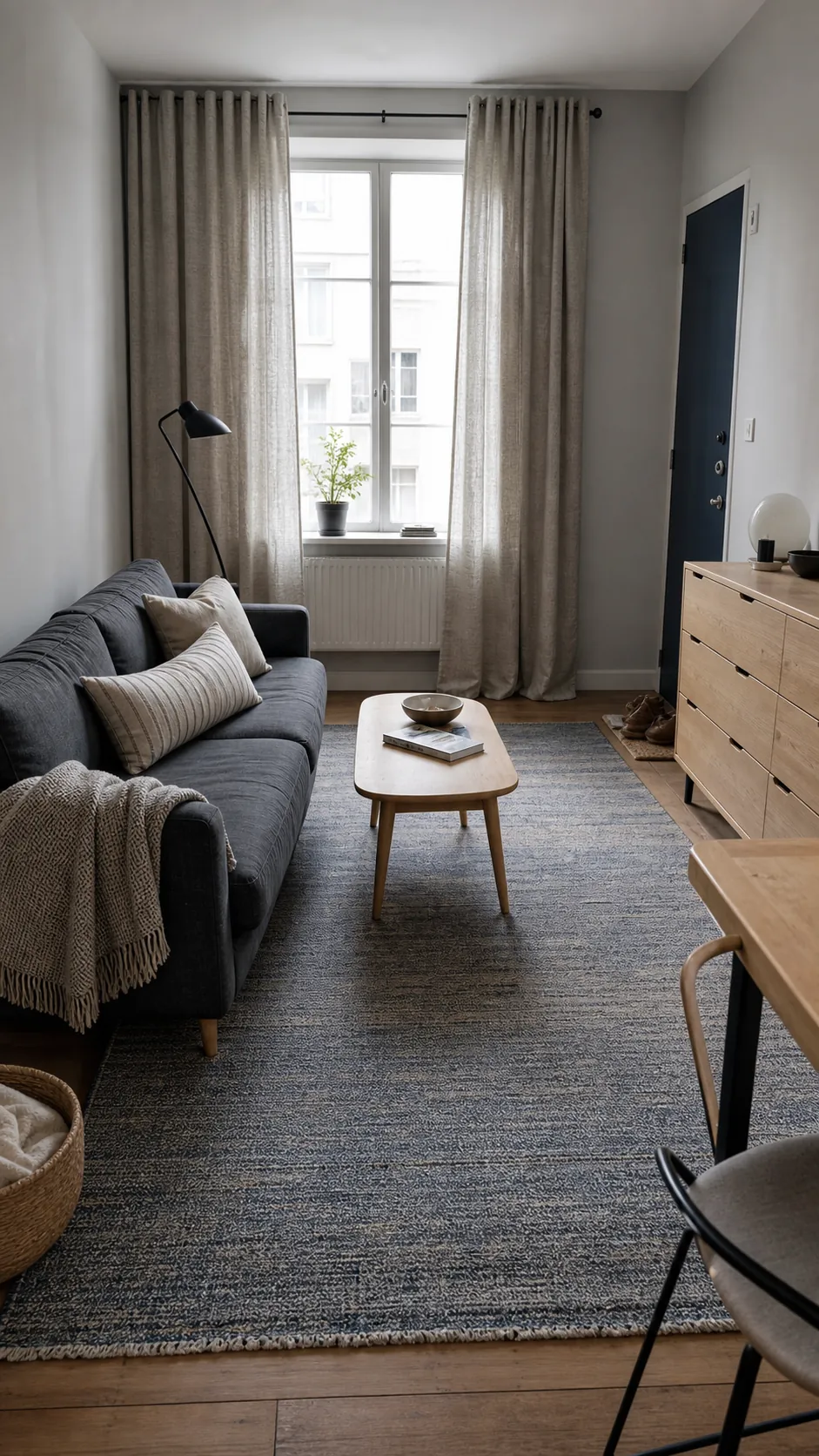 Ceiling curtains wide rug and lumbar pillow correcting room proportions