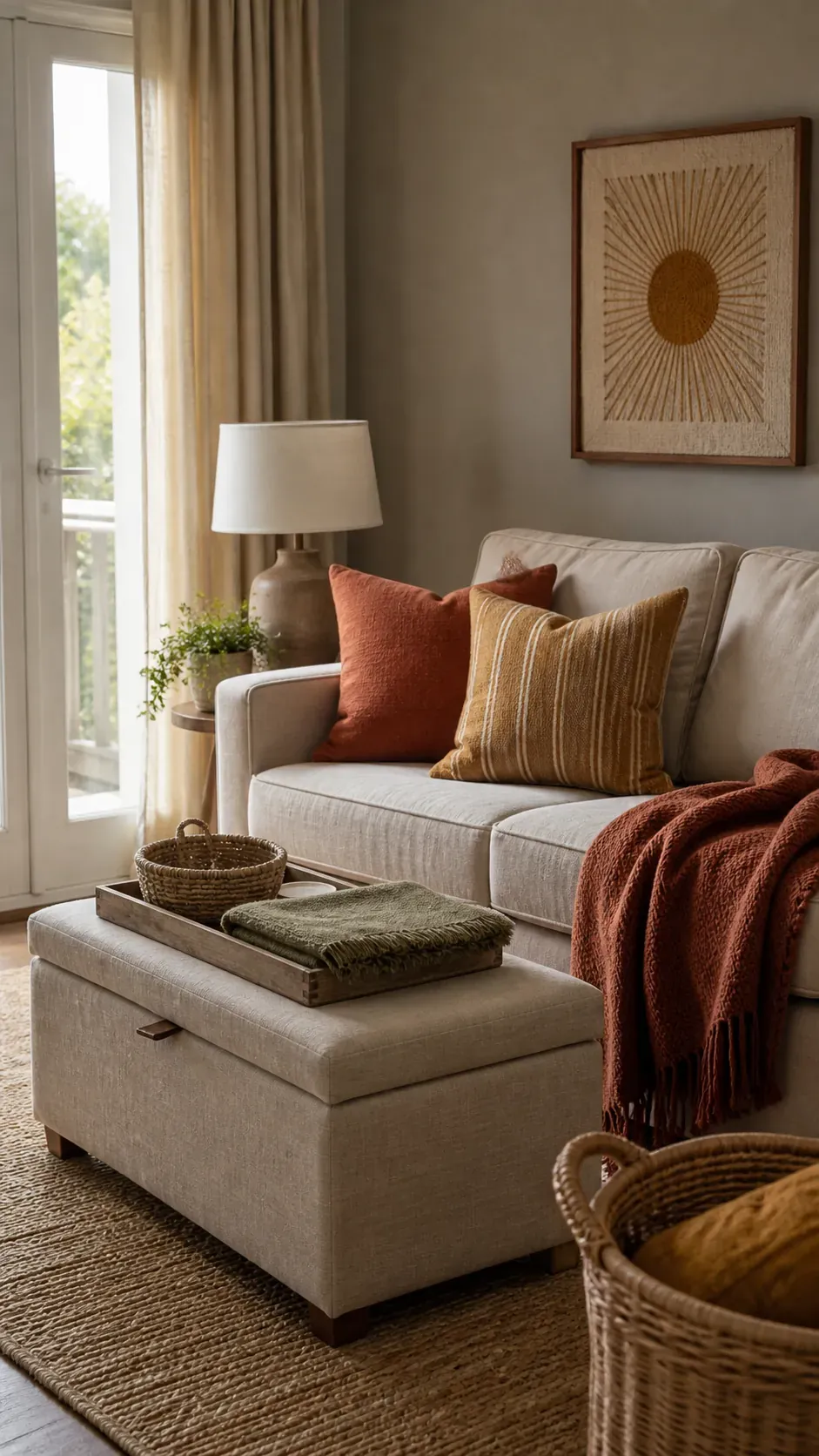 Small seasonal pillow-cover and throw swap in a neutral room