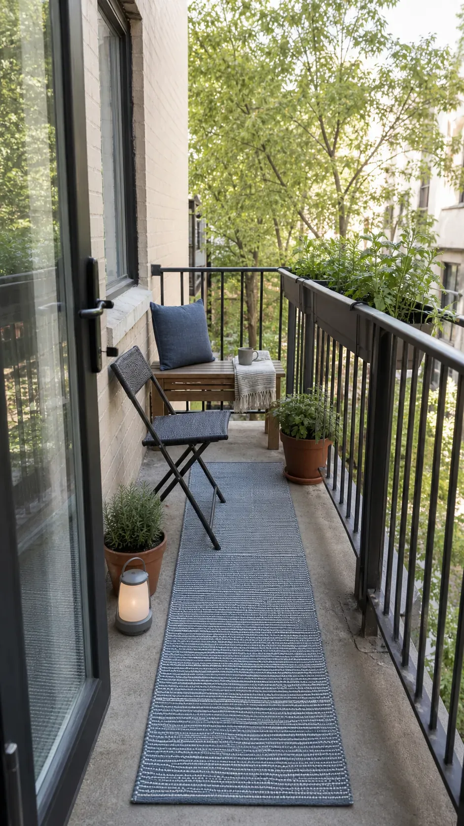 Long narrow apartment balcony with safe space-saving furniture and plants
