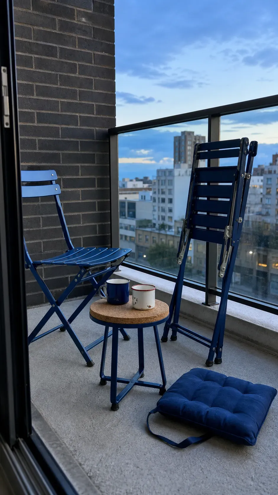 Two folding chairs and a moveable stool on a narrow balcony