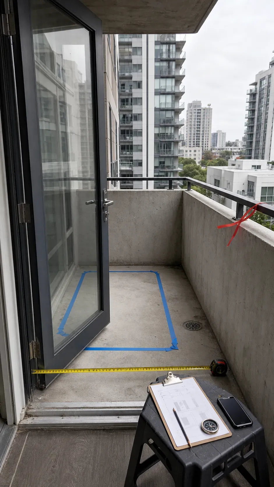 Tiny apartment balcony being measured and planned before decorating