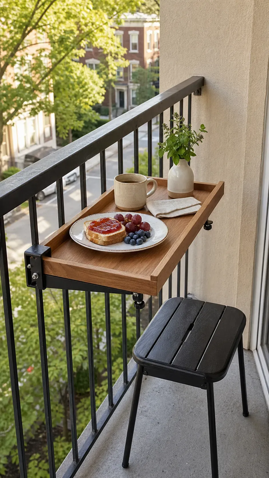 Inward-facing railing breakfast shelf on a tiny apartment balcony