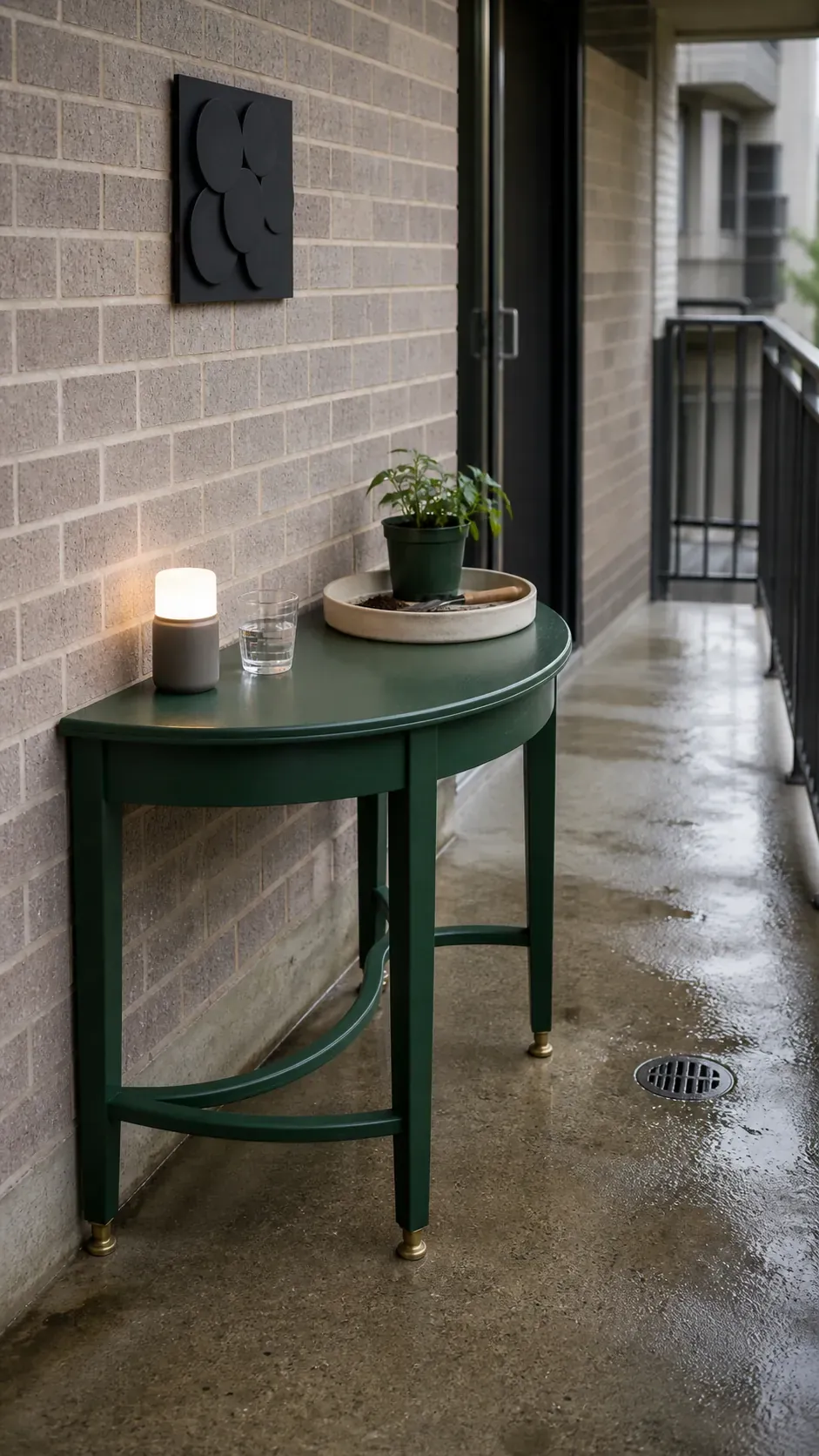 Half-moon table tucked against an apartment balcony wall