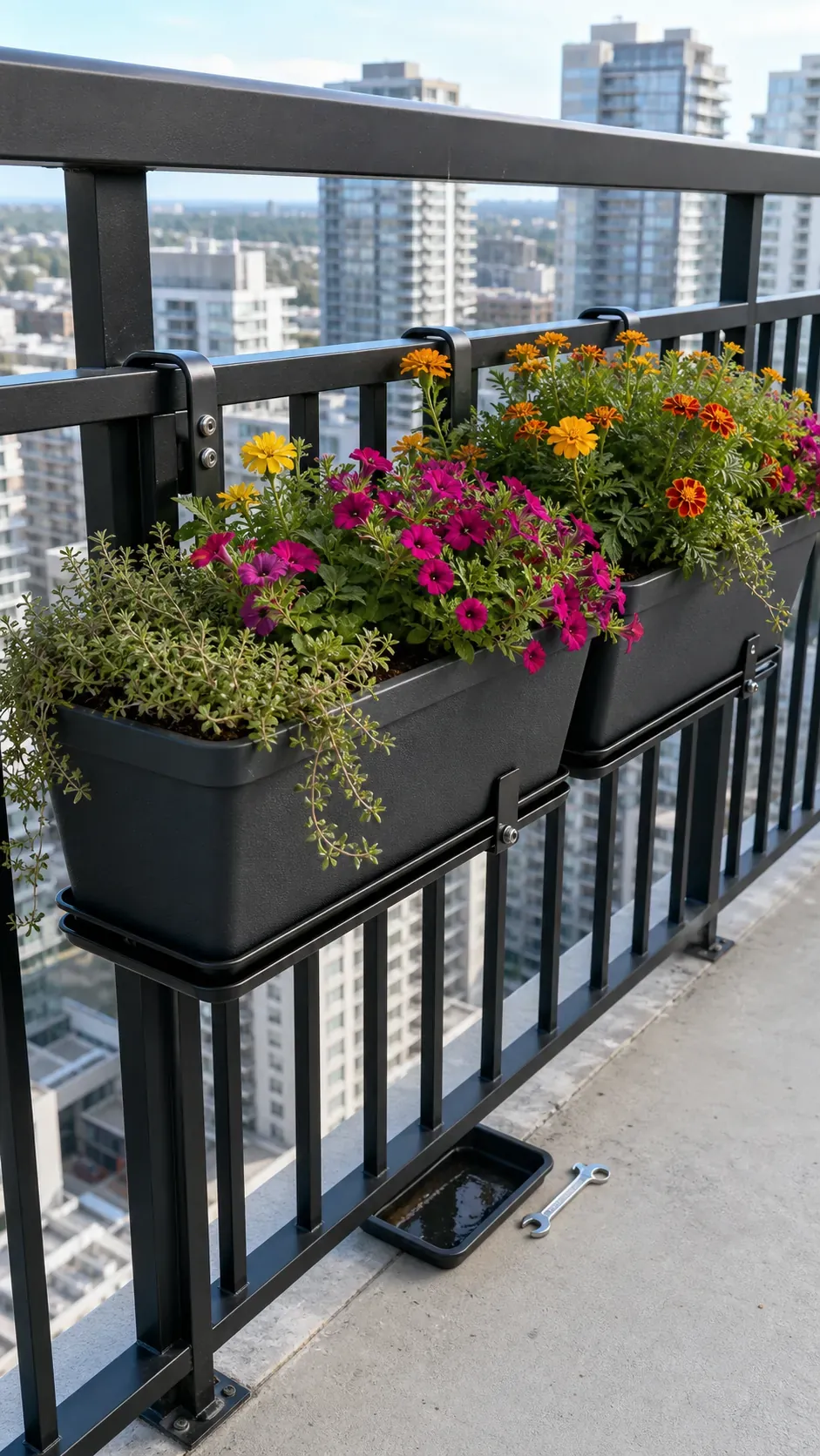 Secure inward-facing flower planters on an apartment balcony railing