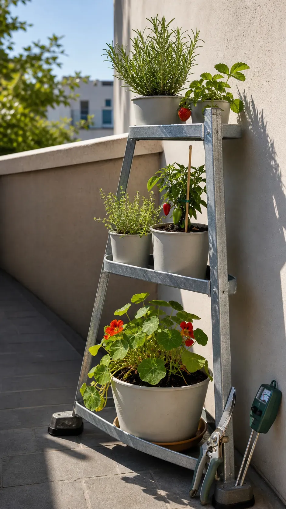 Narrow stepped plant stand lifting balcony herbs into sunlight
