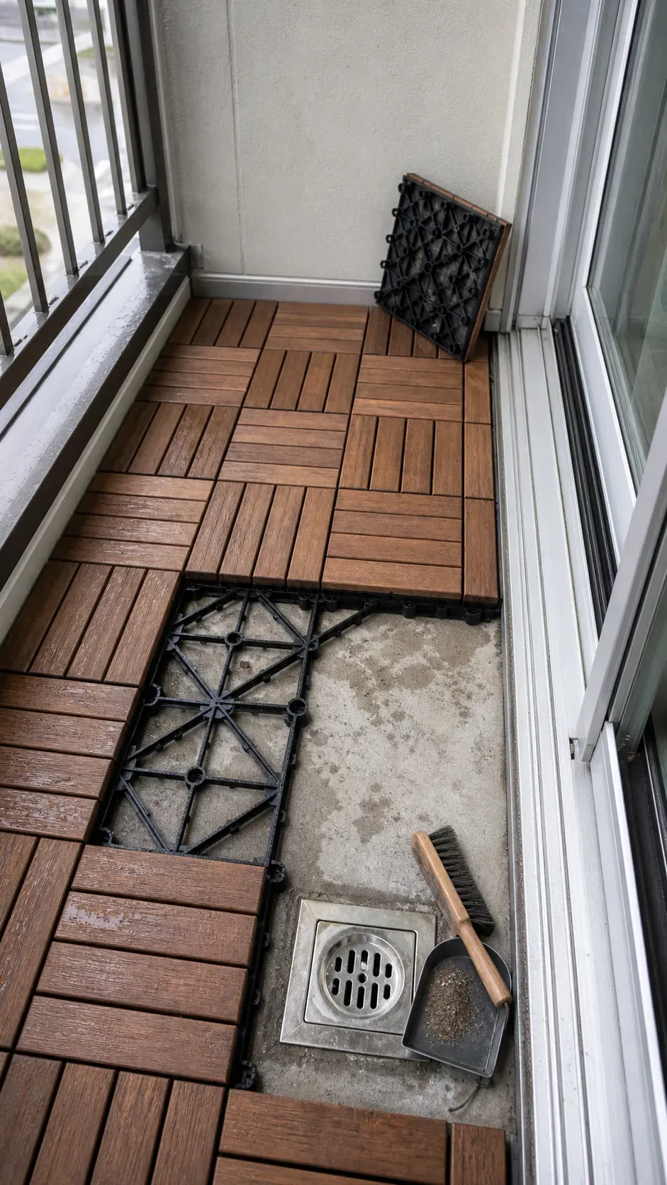 Removable wood-look deck tiles fitted around a balcony floor drain
