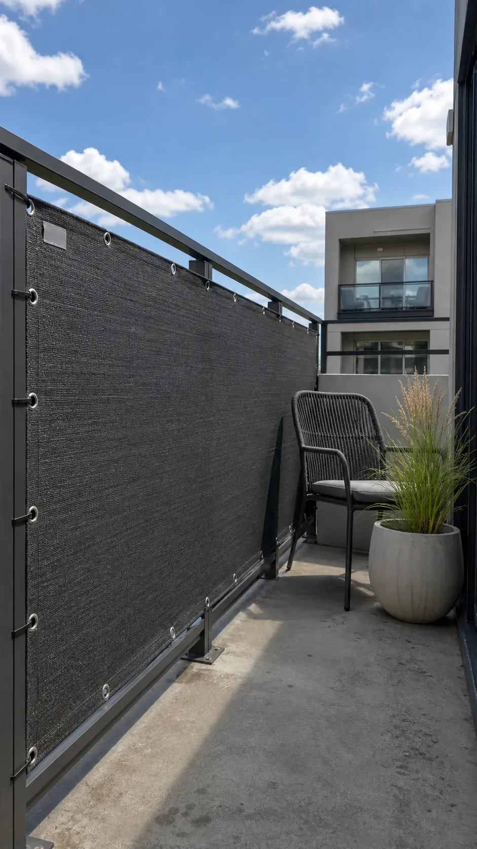 Approved privacy screen filtering one side of a small apartment balcony