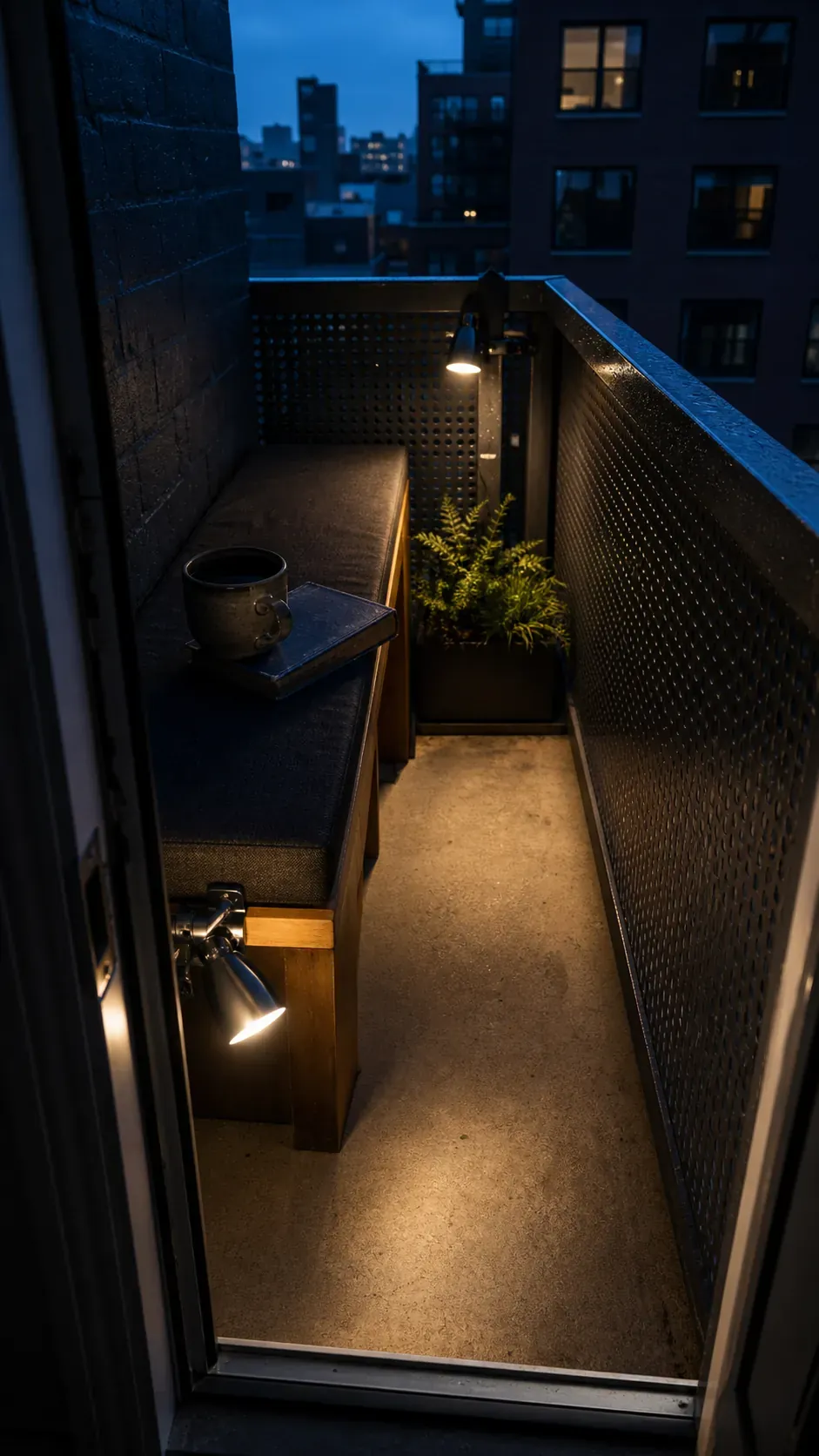 Low-glare rechargeable clip lights illuminating a tiny balcony