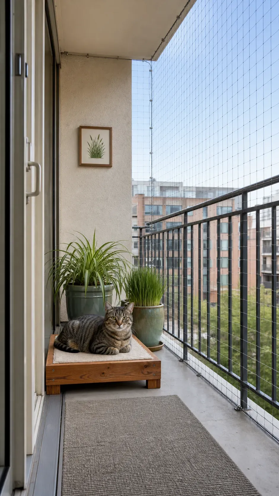 Low stable cat perch set safely inside a netted apartment balcony