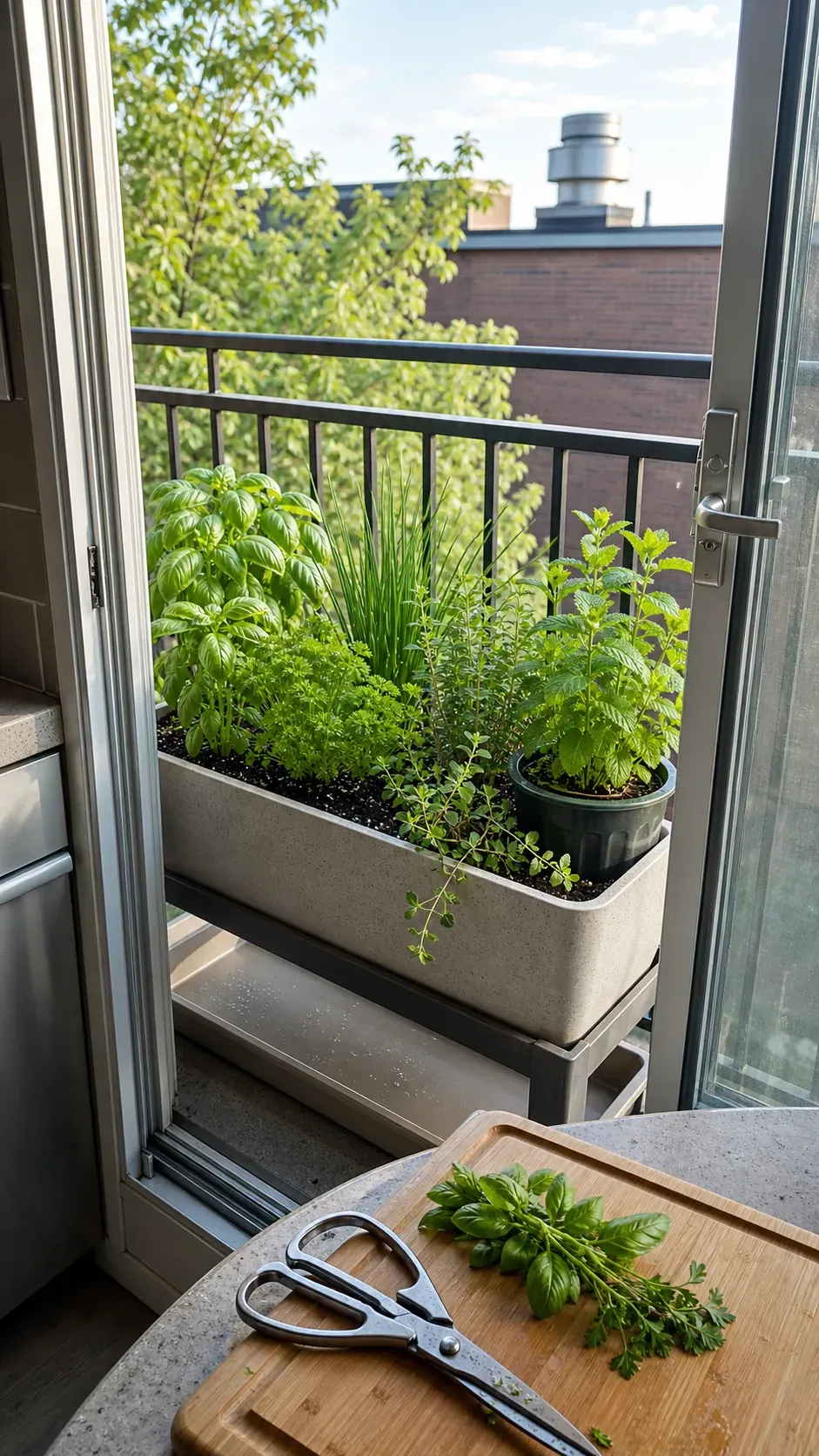 Long kitchen herb box positioned near an apartment balcony door