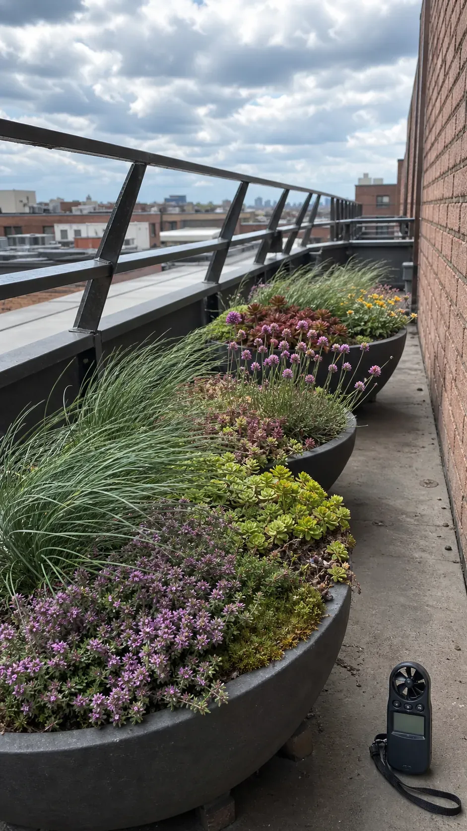 Broad low planters arranged safely on a windy apartment balcony