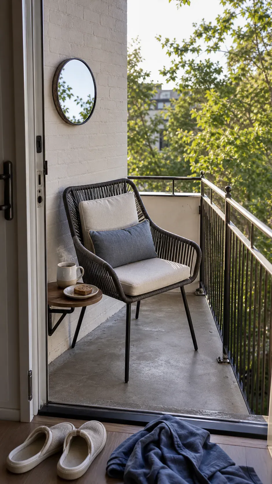 Single comfortable morning coffee chair on a tiny balcony
