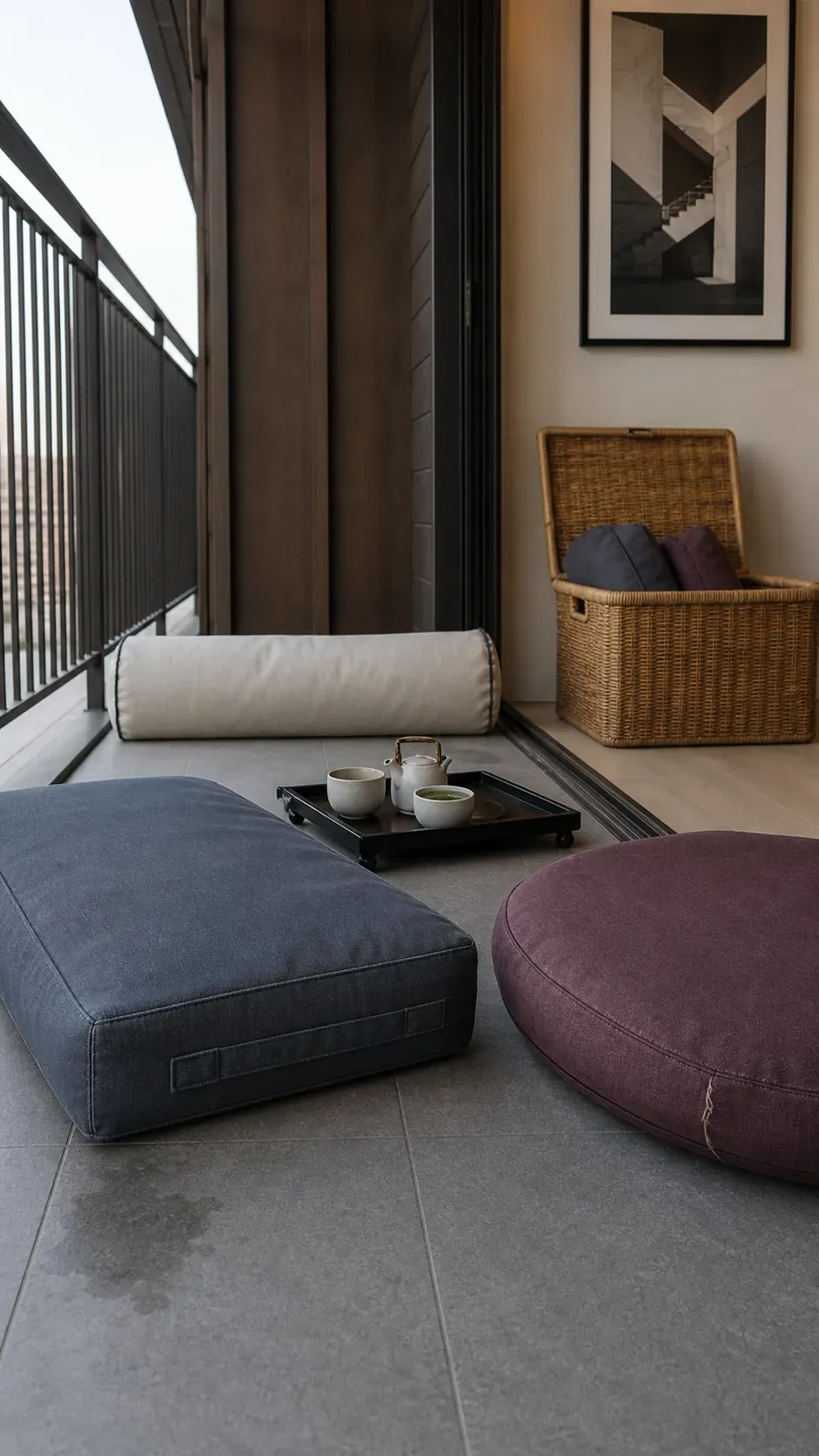 Pack-away outdoor floor cushions creating a temporary balcony lounge