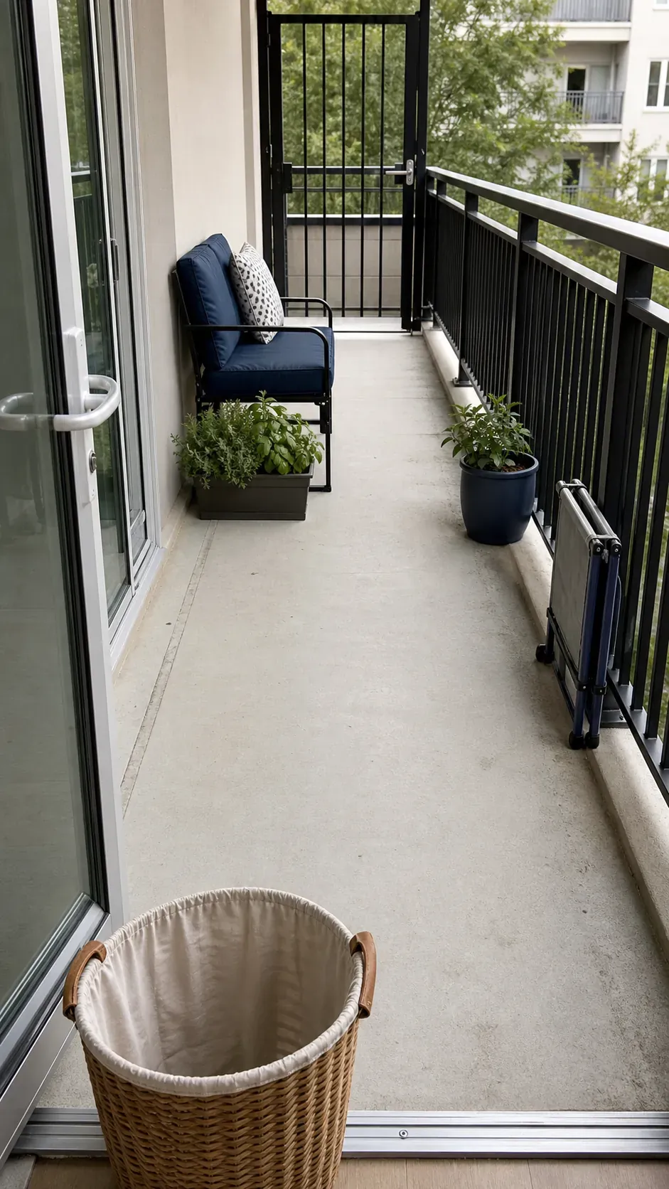 Narrow apartment balcony with a completely clear exit lane