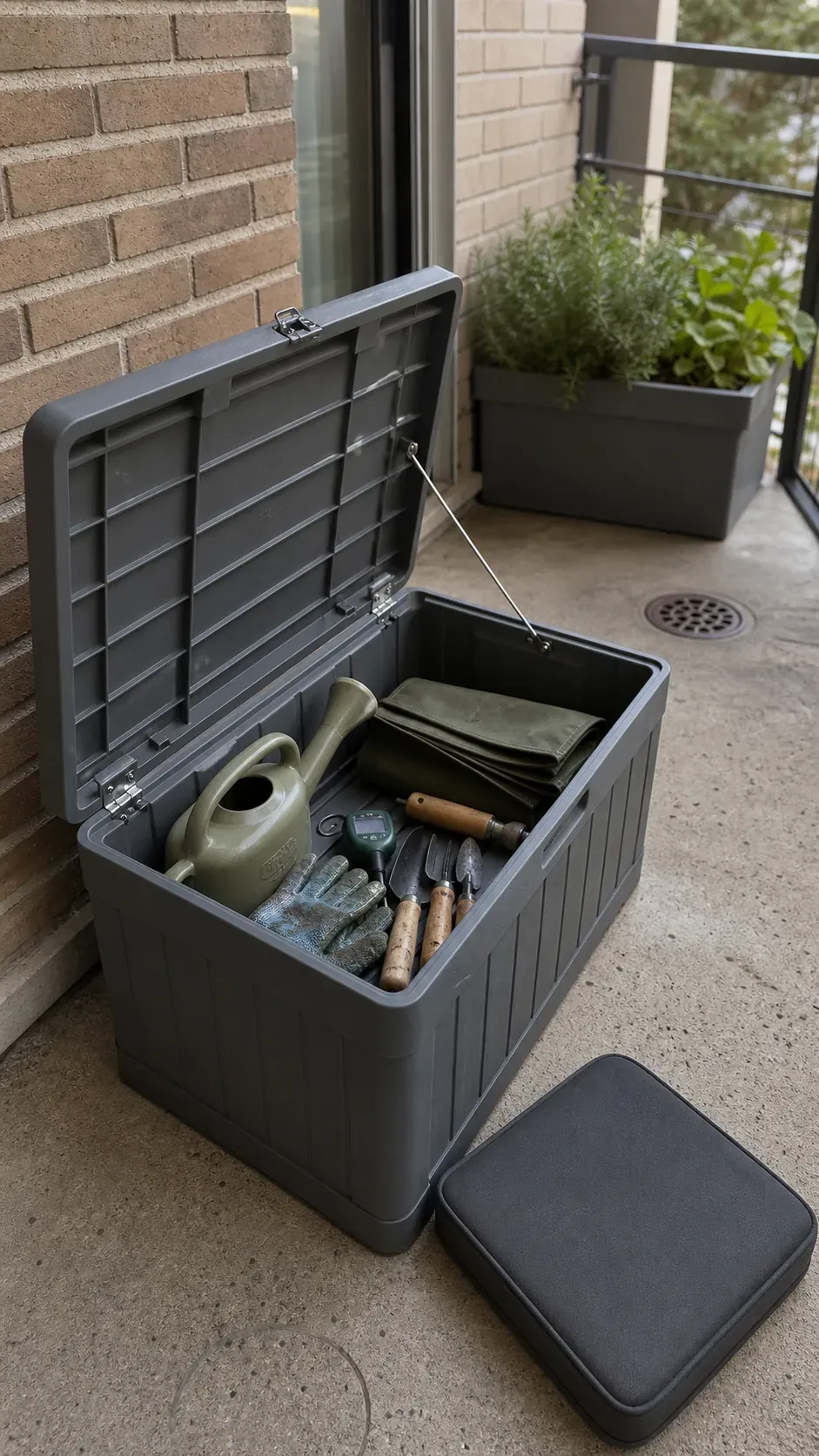 Compact seat-height outdoor box storing balcony garden tools