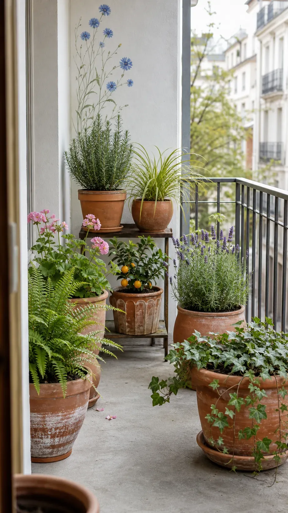 Mixed balcony plants unified by a restrained terracotta pot palette