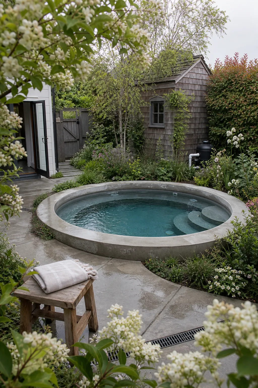 A Round Plunge Pool in a small backyard