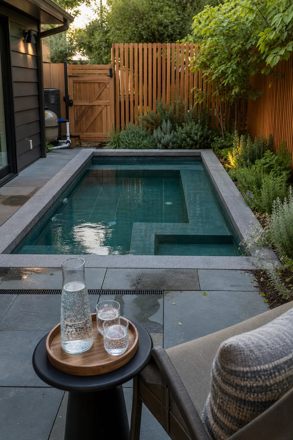 A Cocktail Pool with a Wraparound Bench in a small backyard