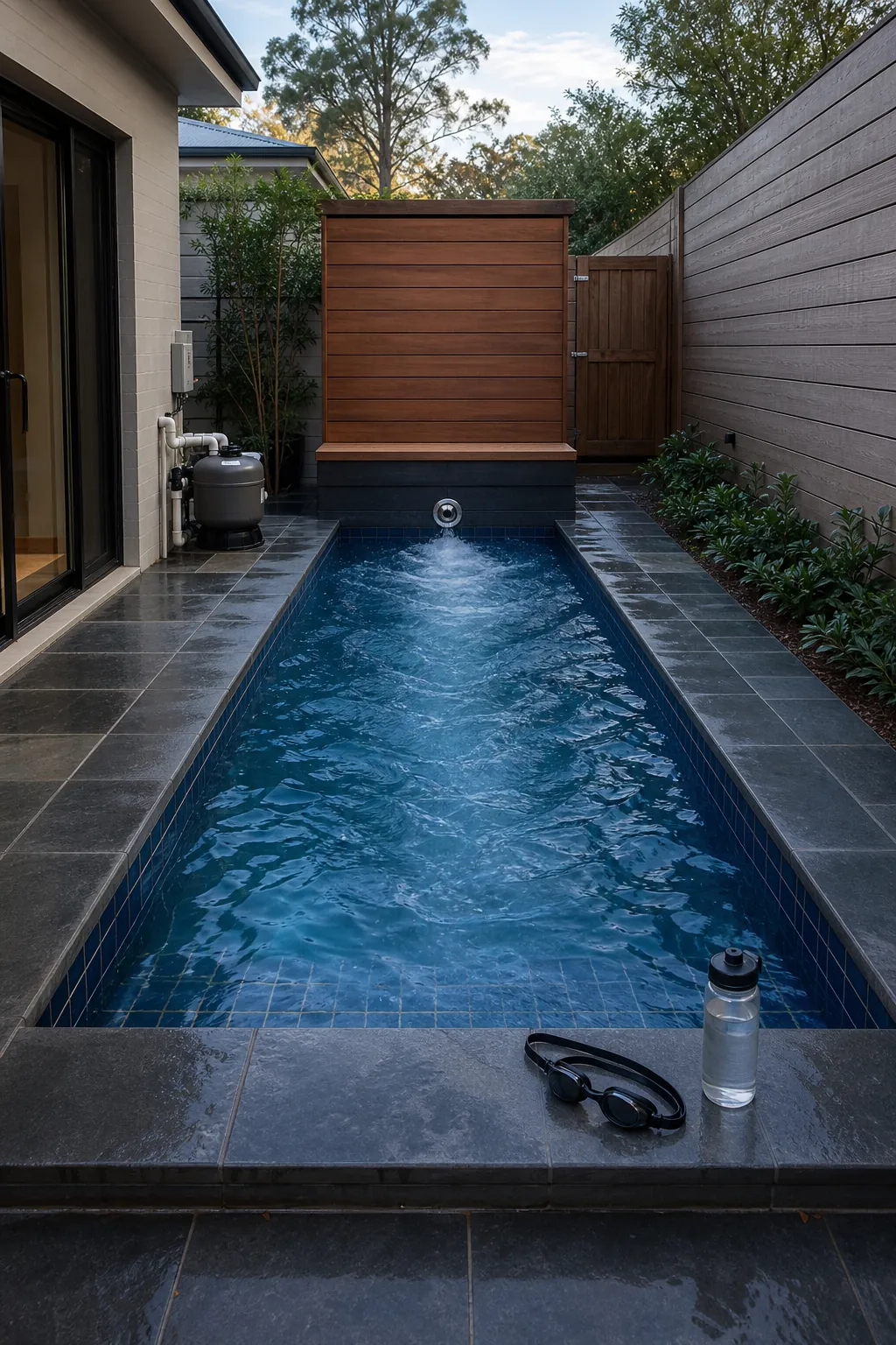 A Plunge Pool with a Swim Jet in a small backyard