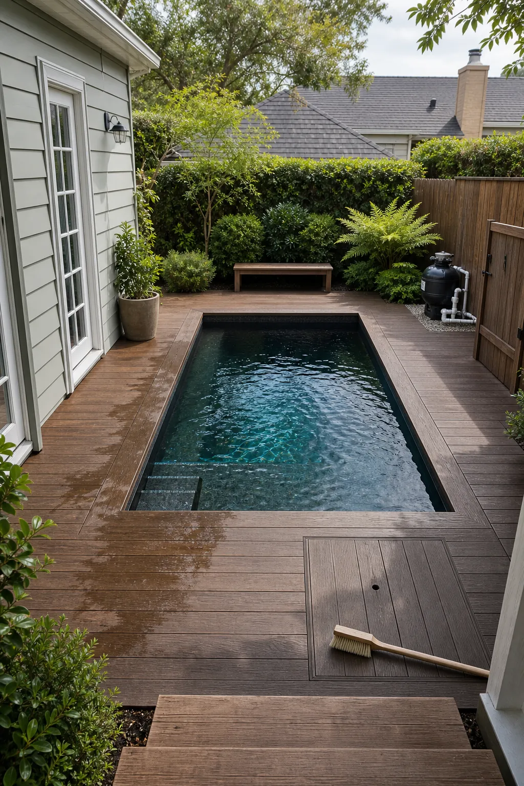 A Plunge Pool Set into a Timber Deck in a small backyard