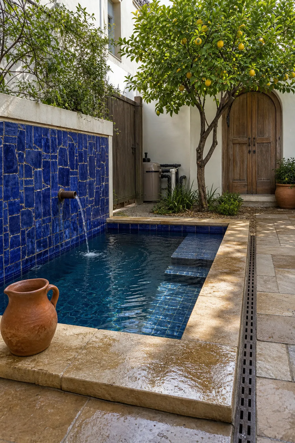 A Fountain-Like Tiled Plunge Pool in a small backyard