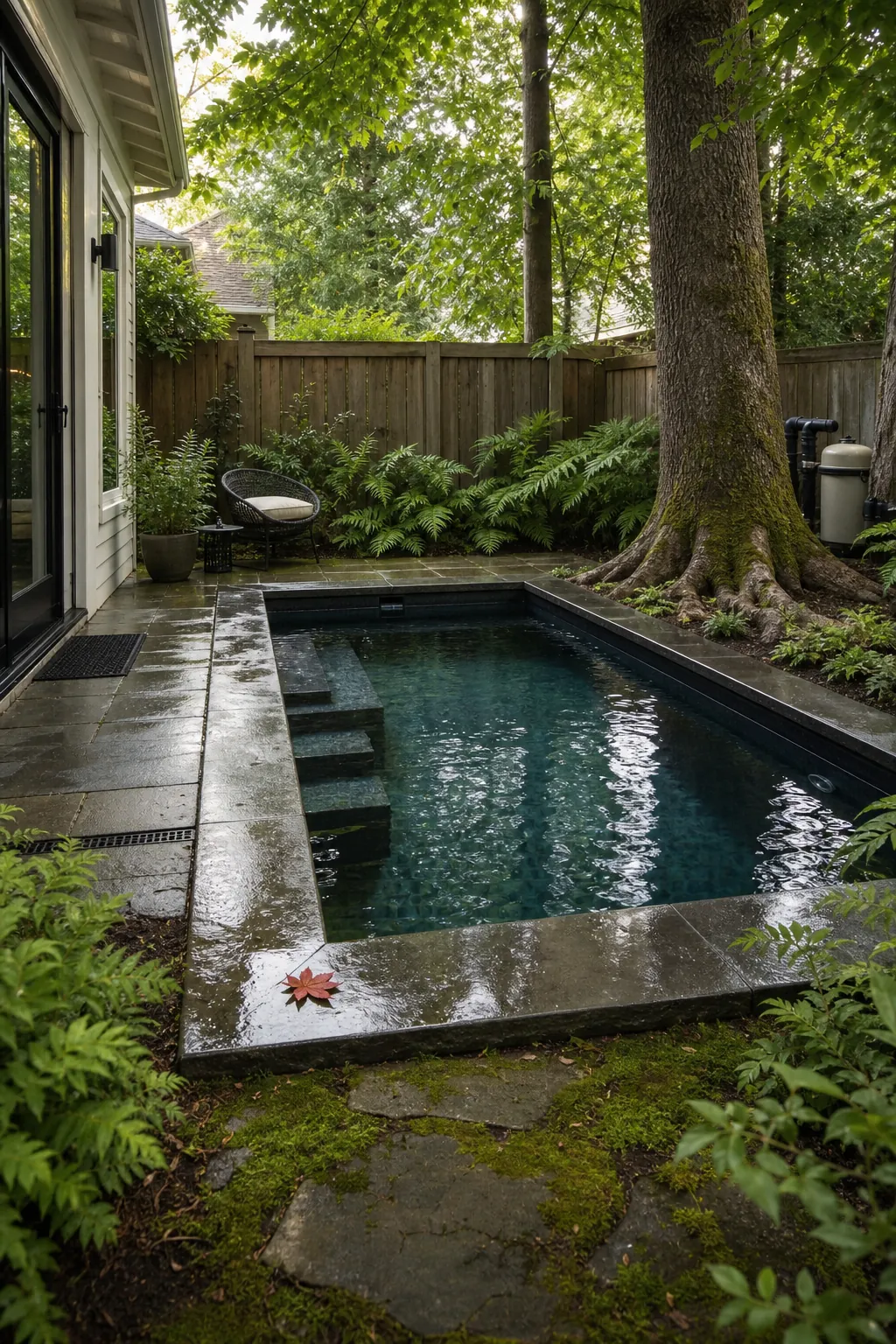 A Shaded Woodland Plunge Pool in a small backyard