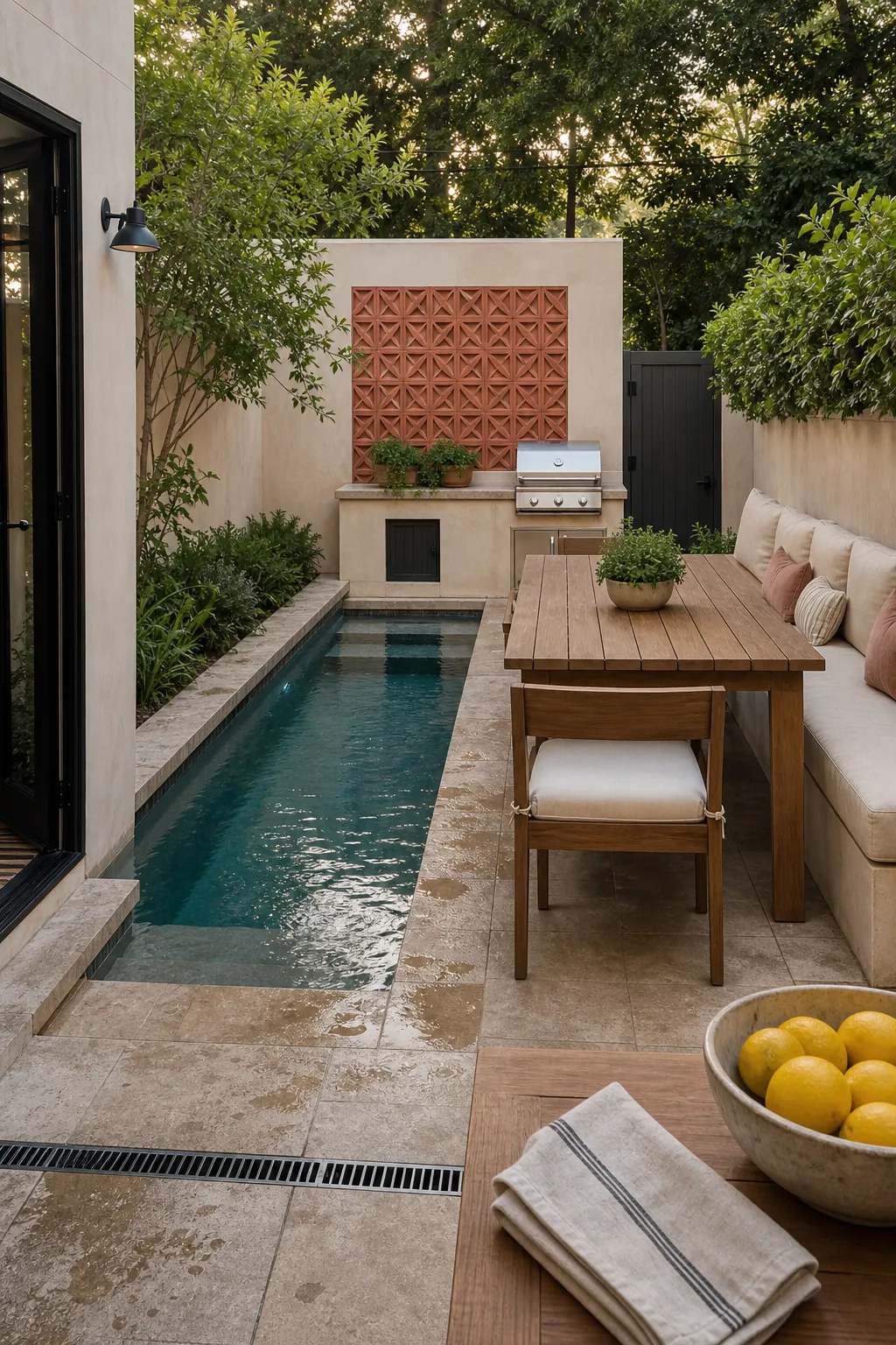 A Plunge Pool Beside a Dining Terrace in a small backyard