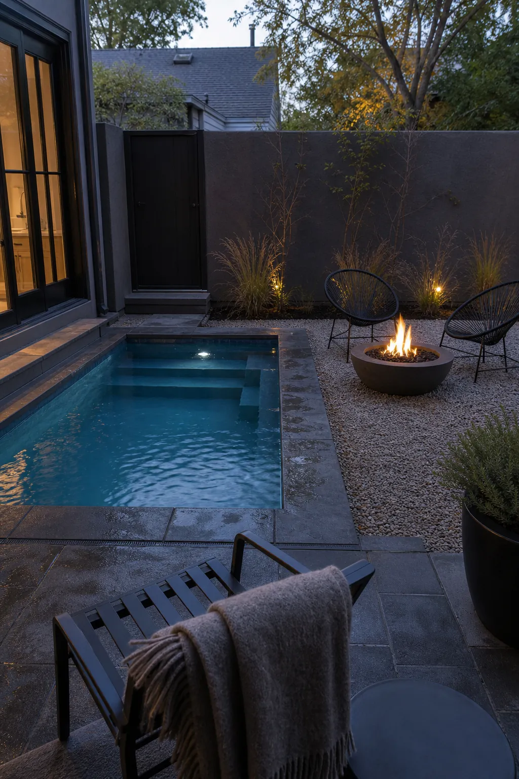 A Plunge Pool Beside a Fire Lounge in a small backyard