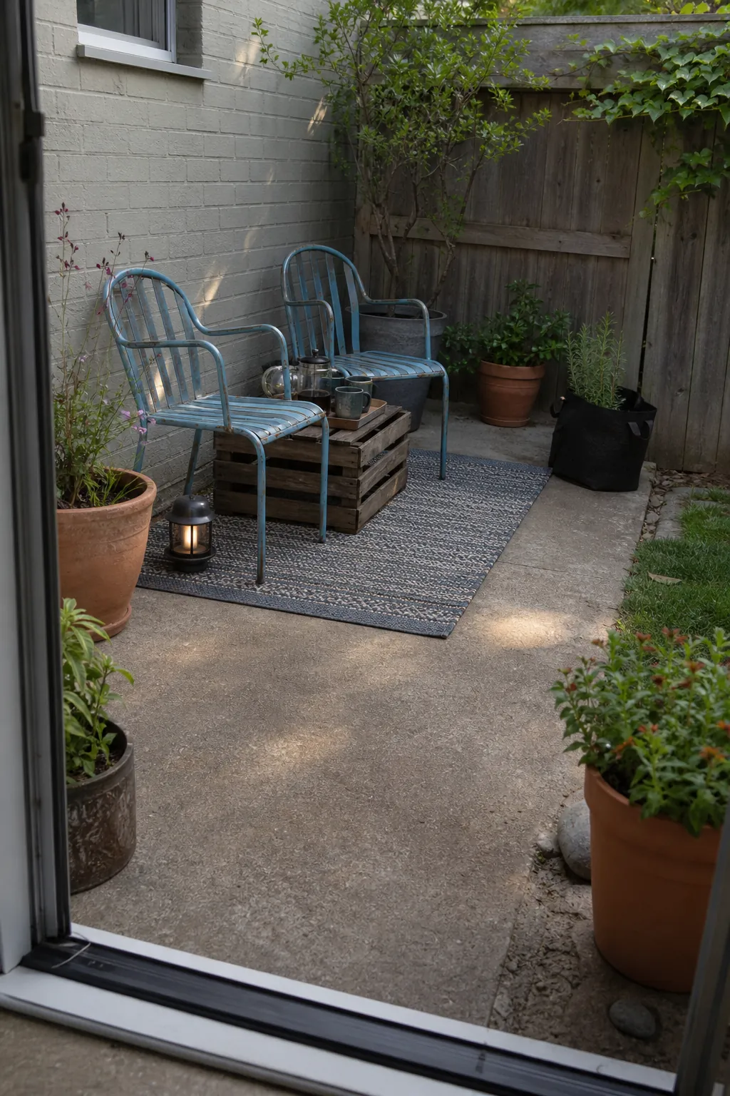 Affordable small patio with secondhand seating, plants, rug, and solar light
