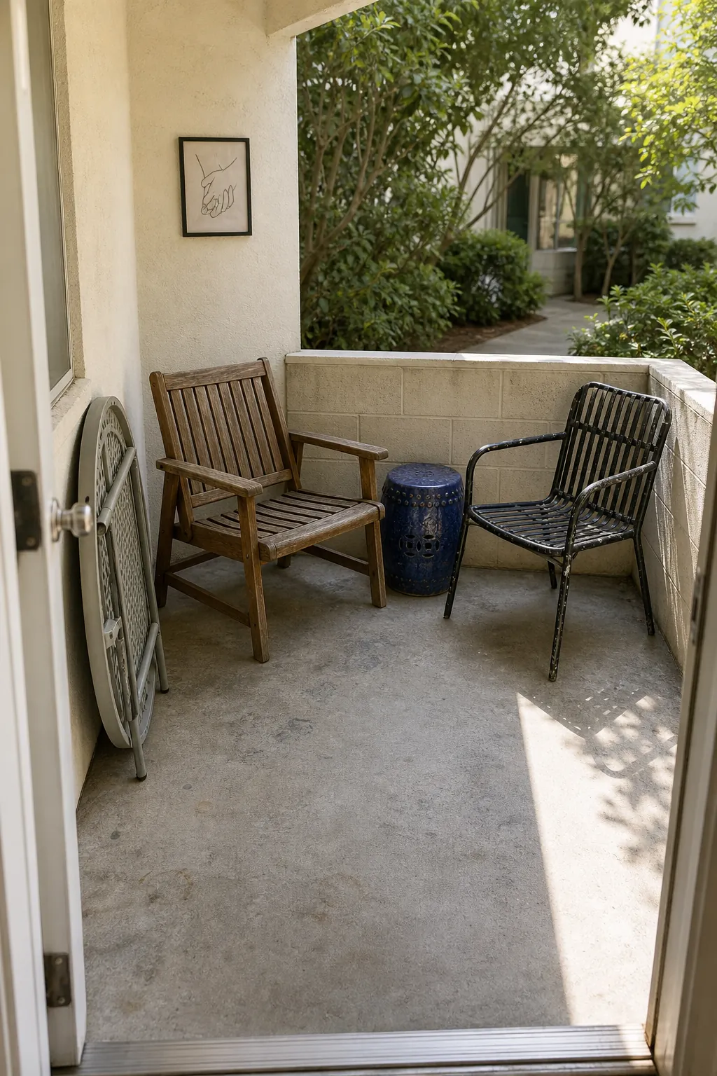 Existing patio chairs rearranged into a space-saving corner layout