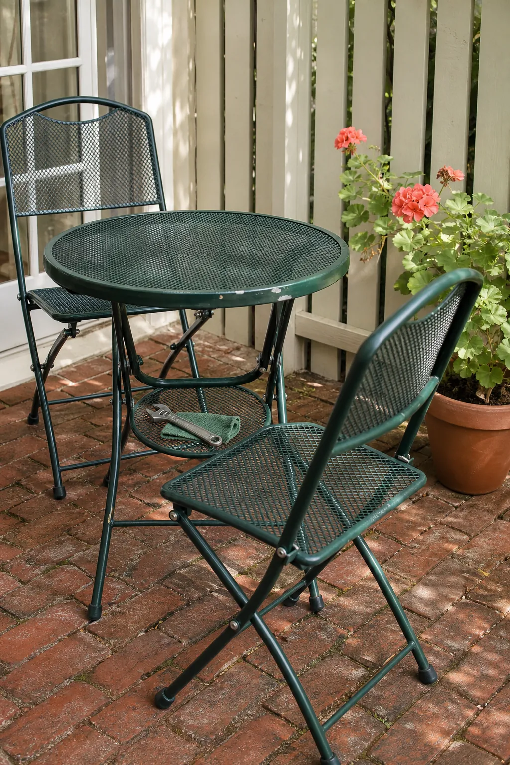Clean secondhand metal bistro set on a small budget patio