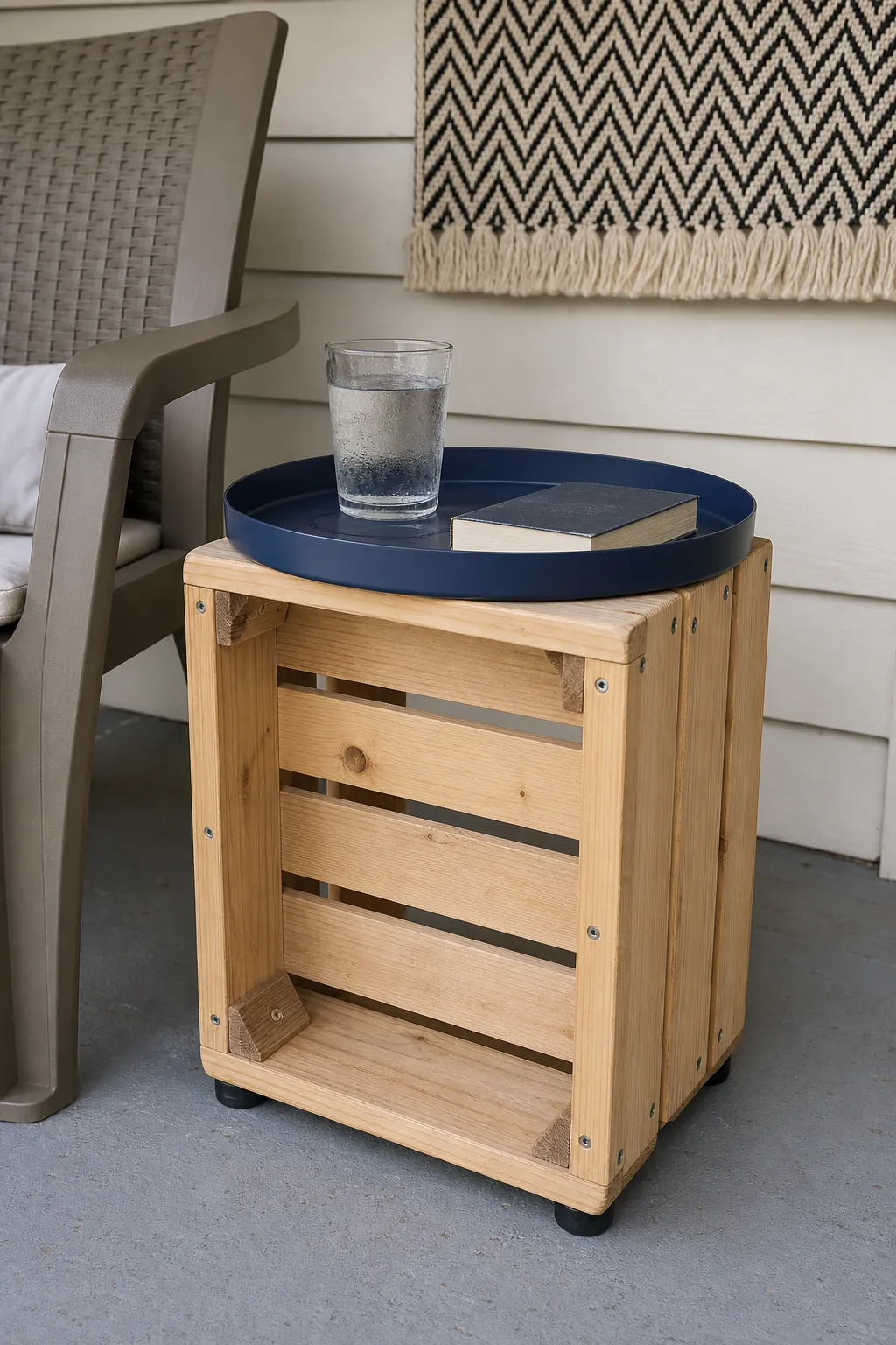 Reinforced sealed wood crate used as an affordable patio side table