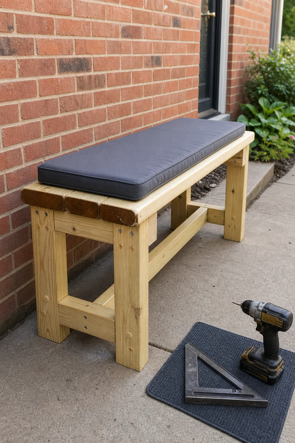 Simple braced outdoor bench built from affordable rated lumber