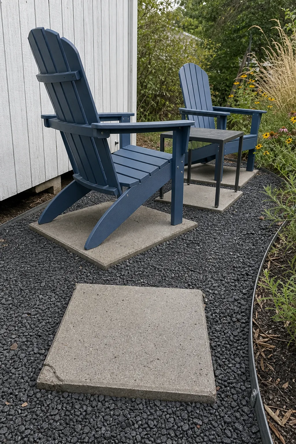 Large pavers supporting furniture feet within a budget gravel patio
