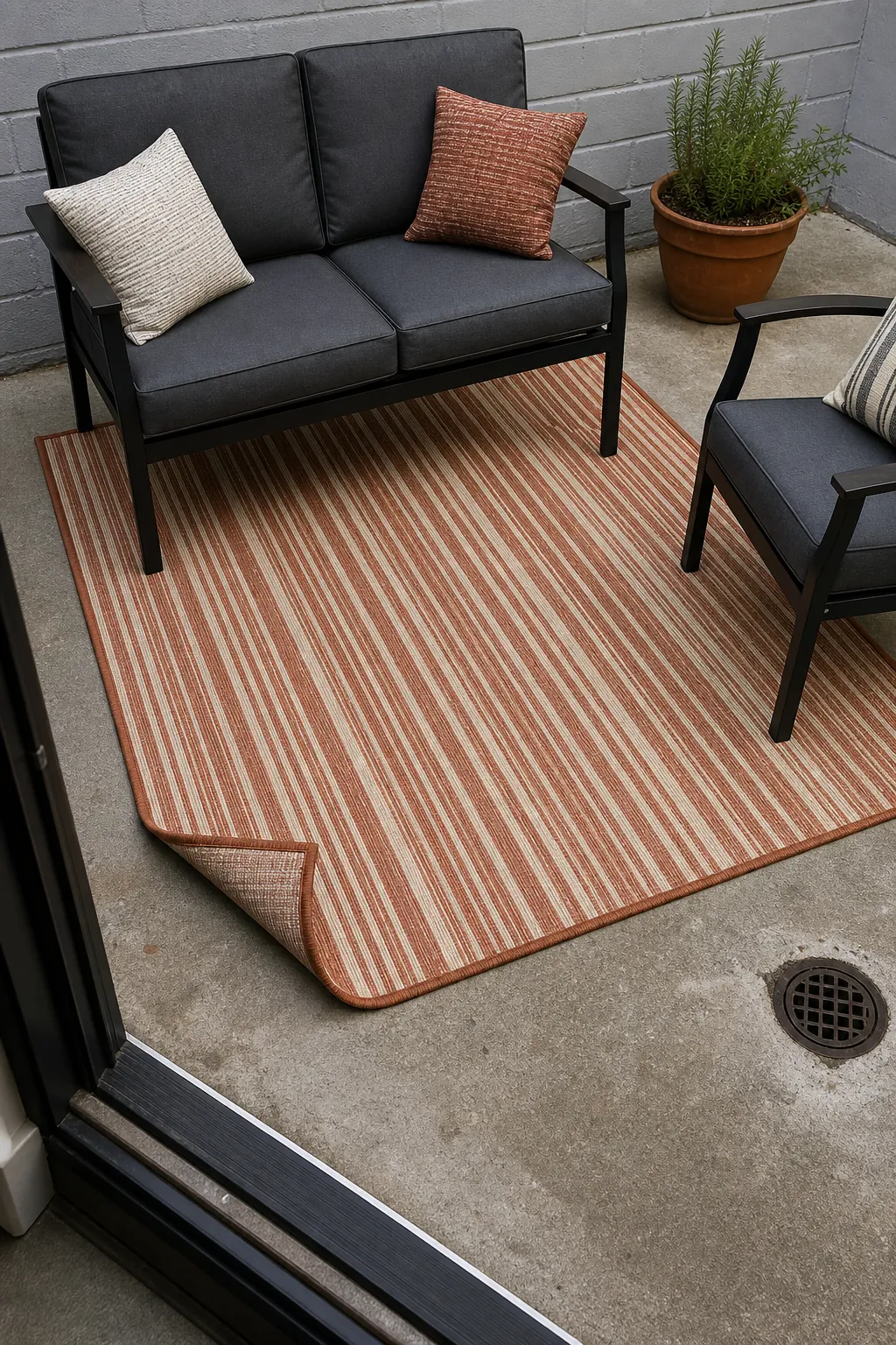 Affordable outdoor rug remnant defining a compact patio seating area