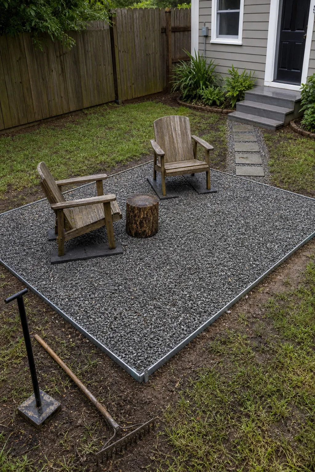 Small affordable gravel patio with compacted base and stable edging