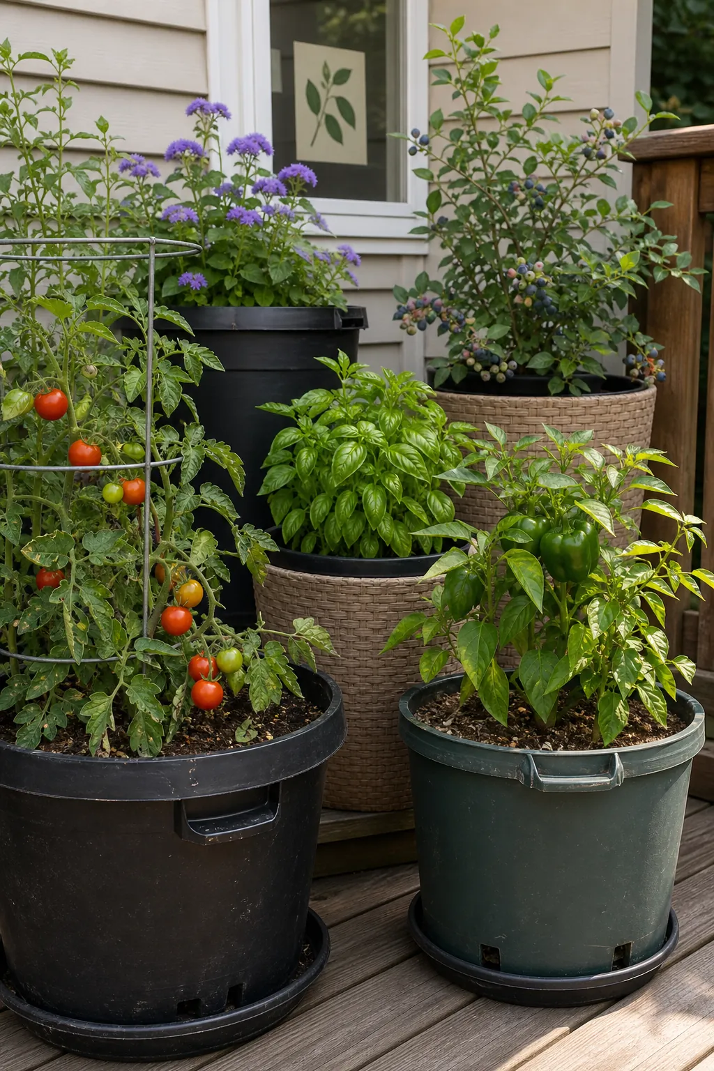 Clean reused nursery pots forming an affordable container garden