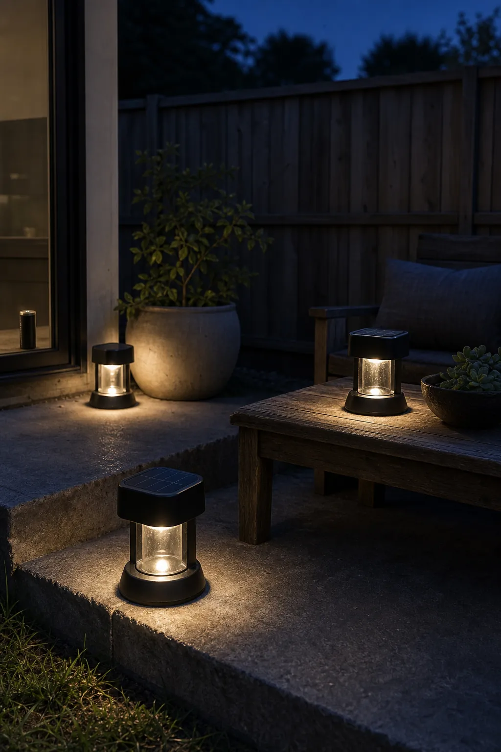 Low affordable solar lanterns softly lighting a small patio at dusk