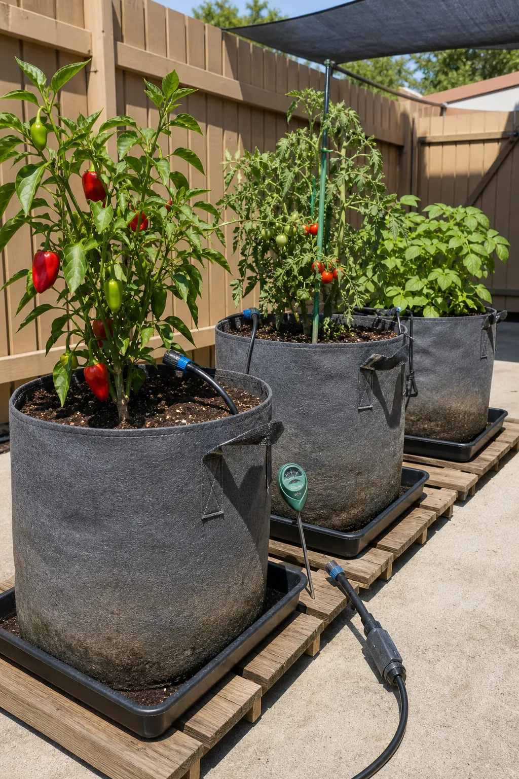 Practical fabric grow bags with trays on a sunny budget patio